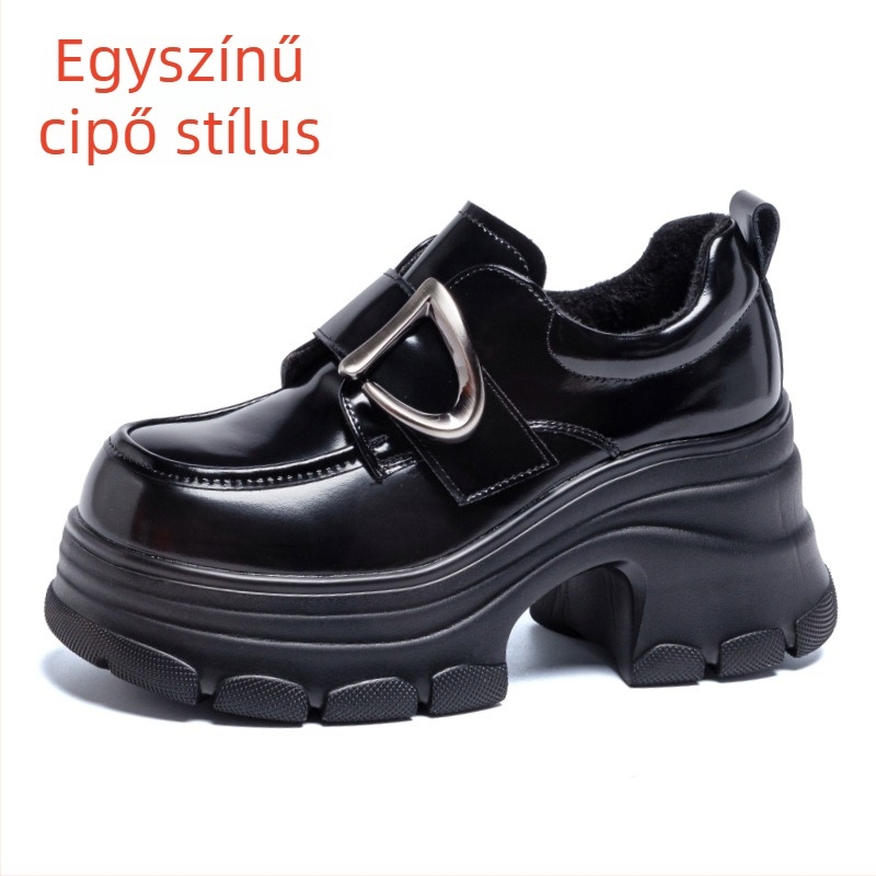 Női vastag talpú loaferek, téli kivitel, fleece bélés, brit stílus, fekete bőr cipő Velcro pánttal és masszív sarkakkal