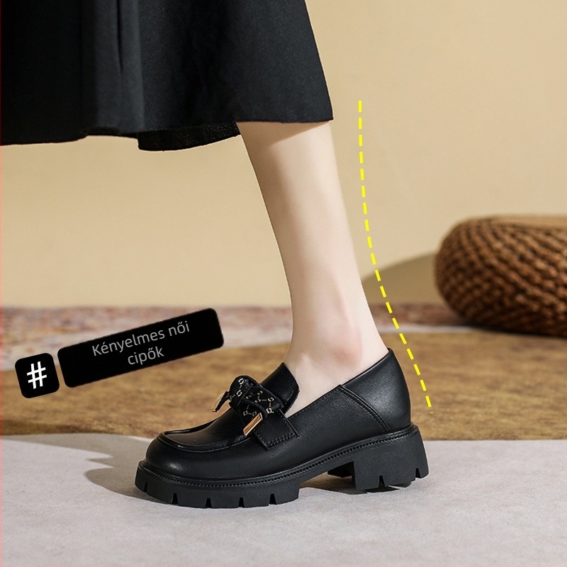 Valódi bőrből készült női loafer, 7 cm-es magasságnövelő slip-on, vastag gumitalp, masni, méret 32