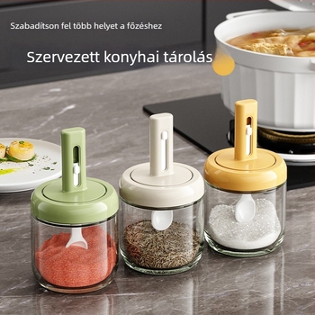 Teleszkópos üveg fűszertartó tárolóval, nedvességálló, zárható sótartó MSG-hez, konyhai tárolás