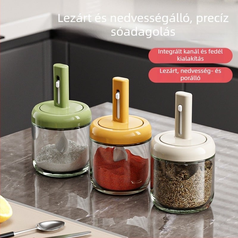 Teleszkópos üveg fűszertartó tárolóval, nedvességálló, zárható sótartó MSG-hez, konyhai tárolás