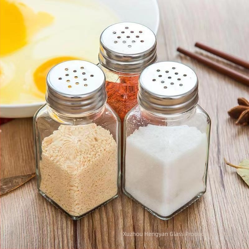 Négyzet alakú üveg fűszertartó otthoni használatra, chili és kömény tárolására, konyhai adagoló üveg