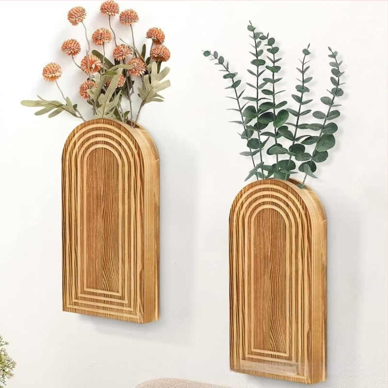 Fából készült falidísz száraz virágokkal, minimalist Boho stílusban
