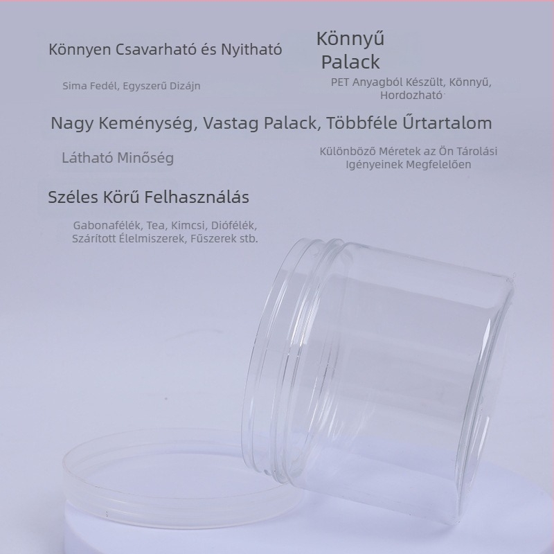 Élelmiszer-minőségű, átlátszó PET-plasztik tégely, zárt, kerek, széles nyakkal, teák és aszalt gyümölcs csomagolásához