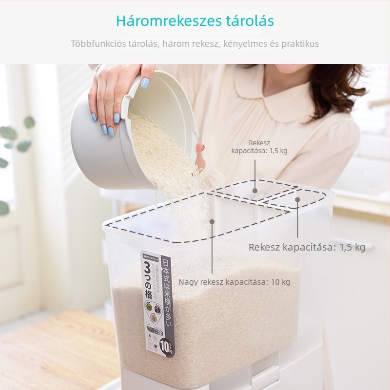 Japán stílusú mérőrizs tartó szeparátorral, 10 kg kapacitás — háztartási rizstároló, ötödik generáció