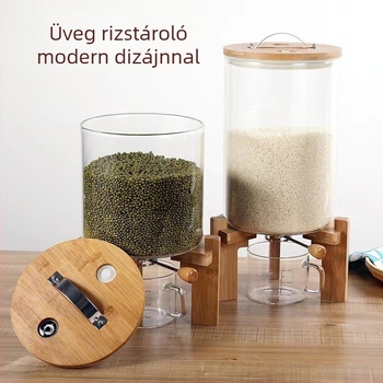 Boroszilát üvegből készült rizstároló, nagy kapacitású, zárható, nedvességálló, állvánnyal