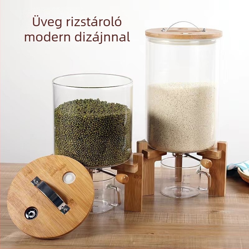 Boroszilát üvegből készült rizstároló, nagy kapacitású, zárható, nedvességálló, állvánnyal