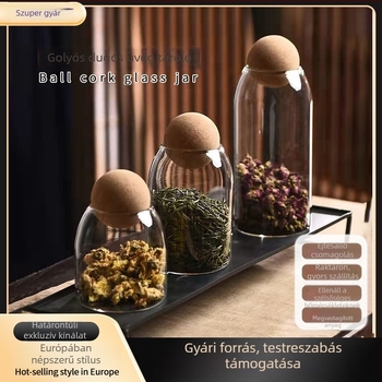 Kerek üvegű tartó parafadugóval zárható, tealevelek és kávészemek, gyümölcstea tárolására