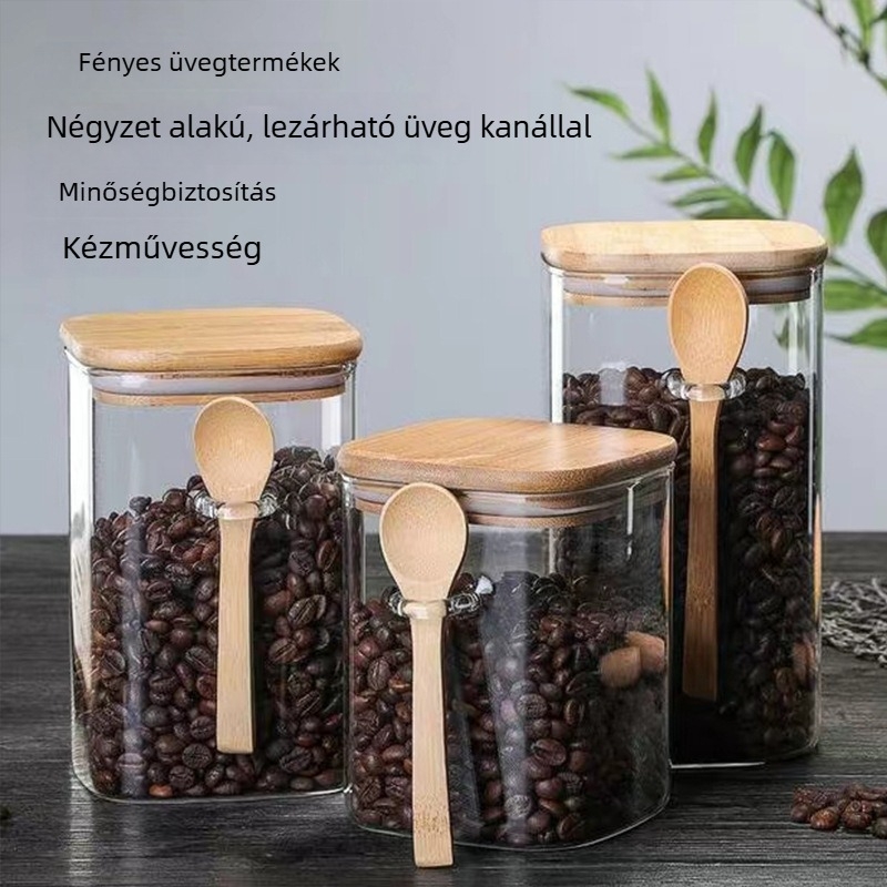 Négyzet alakú, zárható üvegedény kanállal – konyhai tároláshoz: gabonafélék, kávé és tea (301–500 ml)