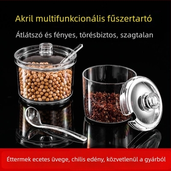 Akril fűszertartó edény kanállal, konyhai tároló, átlátszó fedéllel