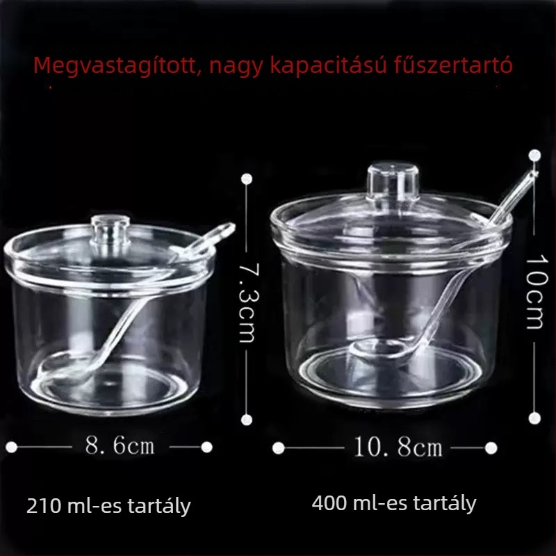 Akril fűszertartó edény kanállal, konyhai tároló, átlátszó fedéllel