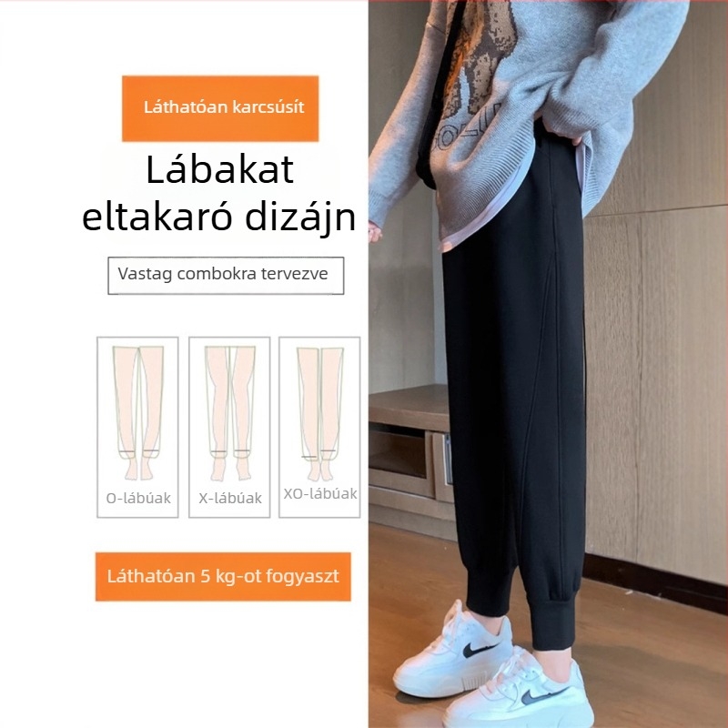 Női vastag fleece-bevonatú sportnadrág szürke, őszi-téli, egyenes szabás, laza, bokáig érő szár, meleg és kényelmes.