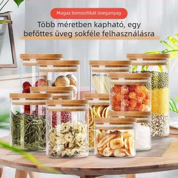 Boroszilikát üveg konyhai tároló bambusz fedéllel, hermetikus zárás, 240–1400 ml