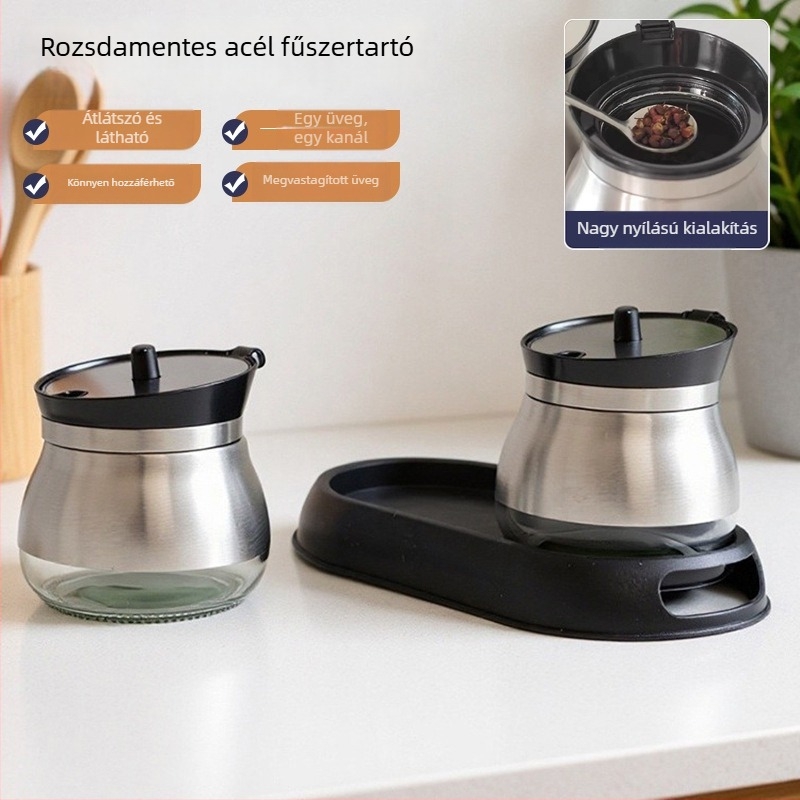 Rozsdamentes acél fűszertartó készlet kanállal, MSG, só, cukor, chili szósz és egyéb fűszerek tárolására