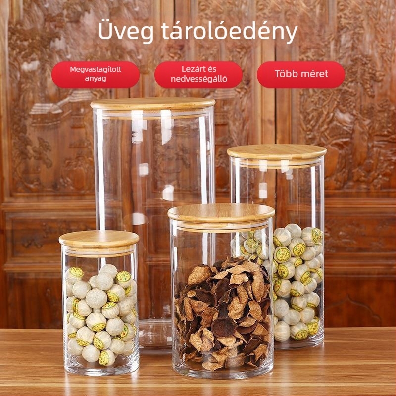 Konyhai tárolóüvegek bambuszfedéllel, átlátszó boroszilikát üveg teához és száraz hozzávalókhoz, légmentesen záródó