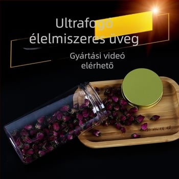 Élelmiszer-minőségű, átlátszó műanyag üveg alumínium fedéllel — zárható tárolóedény virágtea és aszalt gyümölcsök számára