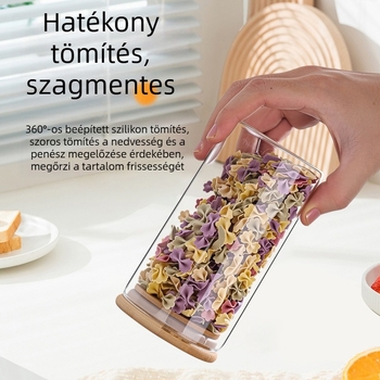 Boroszilikát üvegből készült zárható konyhai tároló, kör alakú, bambuszfedél, nagy kapacitás