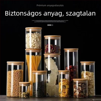 Konyhai zárható üvegtárolók, átlátszó fűszertároló és élelmiszer-tároló üvegek bambusz fedéllel, nedvességálló