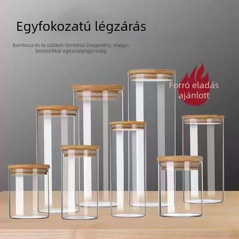 Konyhai zárható üvegtárolók, átlátszó fűszertároló és élelmiszer-tároló üvegek bambusz fedéllel, nedvességálló