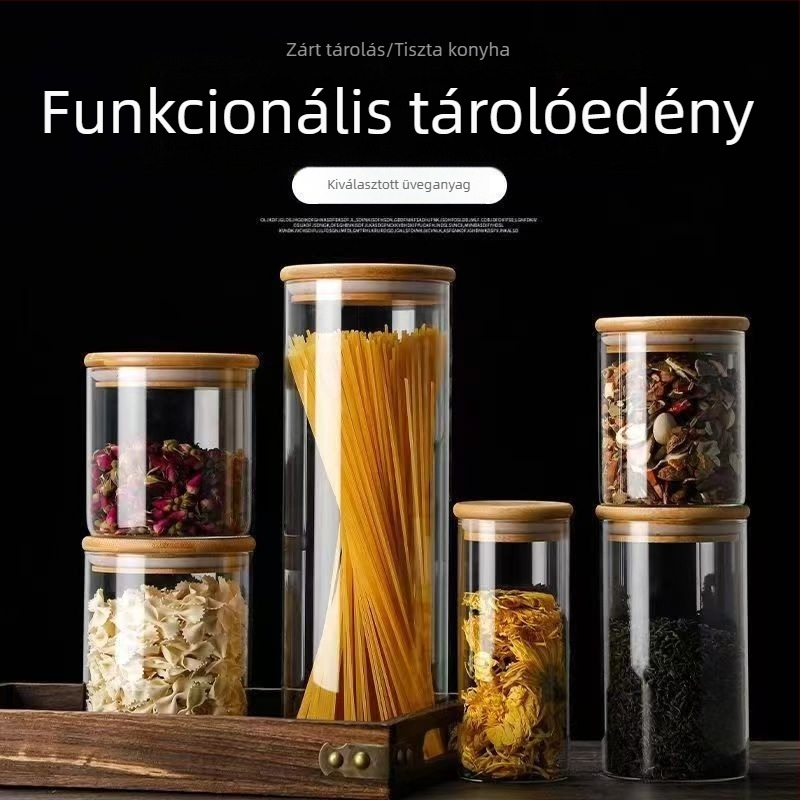 Konyhai zárható üvegtárolók, átlátszó fűszertároló és élelmiszer-tároló üvegek bambusz fedéllel, nedvességálló