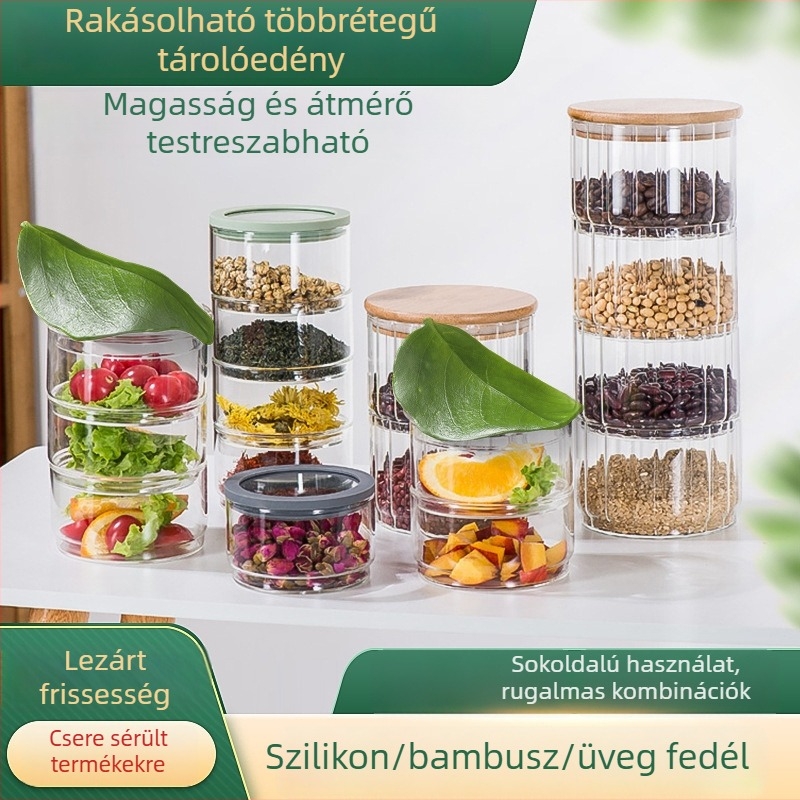 Öt rétegű üveg tárolók bambusz/szilikon/üveg fedéllel – zárható konyhai tárolók gabonákhoz és nassolnivalókhoz