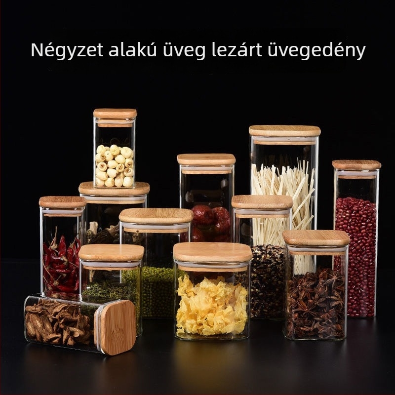 Személyre szabott négyzet alakú üvegtároló bambusz fedővel, konyhai felhasználásra, boroszilikát üveg teához