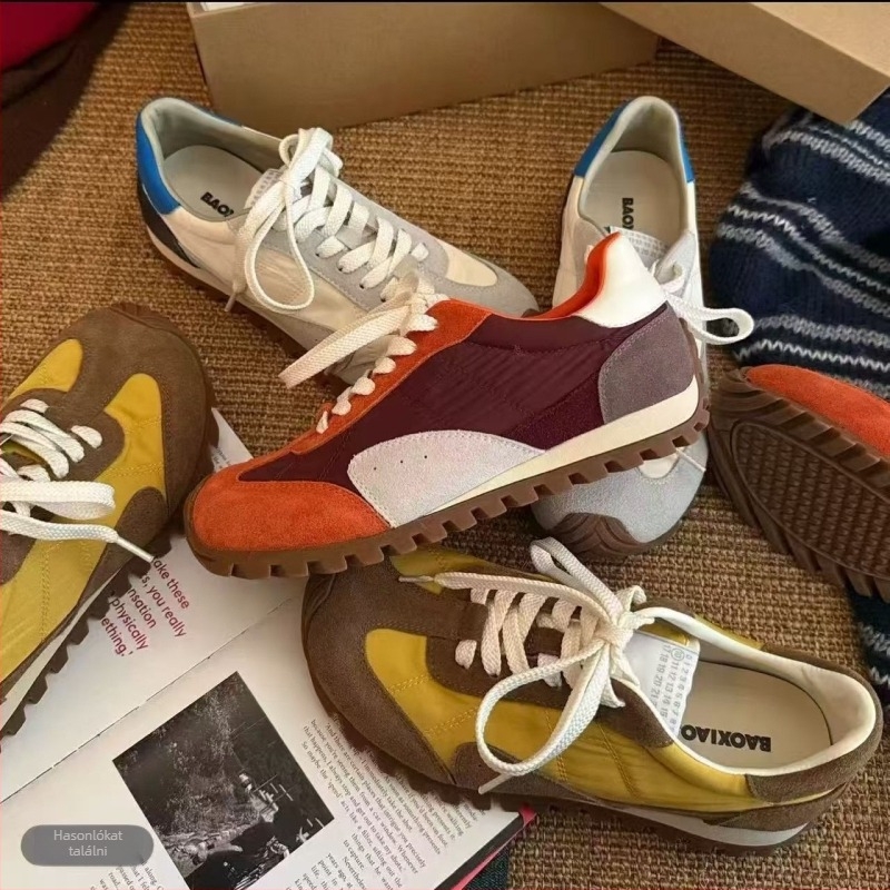 Női edzőcipő koreai stílusban, retro színblokkolás, valódi bőr, fűzős, könnyű sportcipő