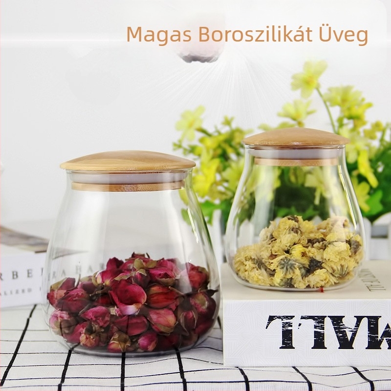 Ovalis teás- és gabonás tároló boroszilikát üvegből, bambusz- és fa fedéllel, konyhai használatra