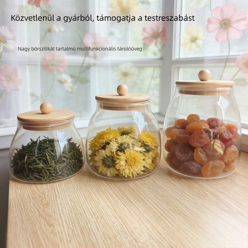 Egyedi kör alakú üveg teáskanna bambuszfa gyöngyfedéllel, magas boroszilikt üveg, zárható és nedvességálló