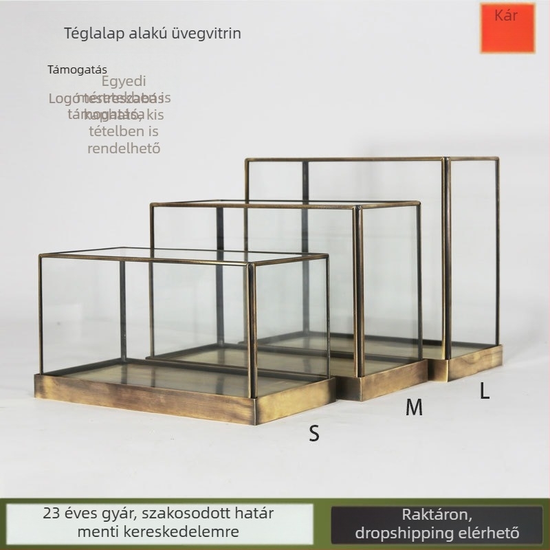 Rectangularis retro rézkeretes üveggel fedett kiállító szekrény mini táj dekorációhoz, átlátszó porvédő