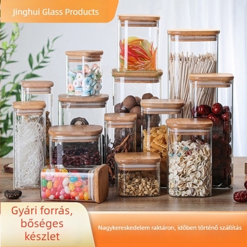 Bambuszfedeles teás üveg, négyszögletes üvegtároló szilikon tömítéssel, 301–500 ml, modern minimalist design