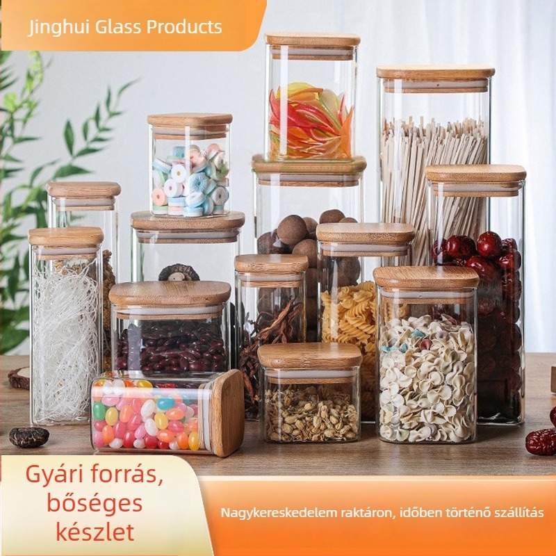 Bambuszfedeles teás üveg, négyszögletes üvegtároló szilikon tömítéssel, 301–500 ml, modern minimalist design