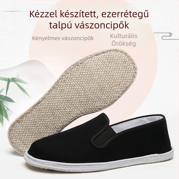 Uniszex vászoncipő, légáteresztő ezerrétegű talppal, fekete, hétköznapi, alacsony profilú