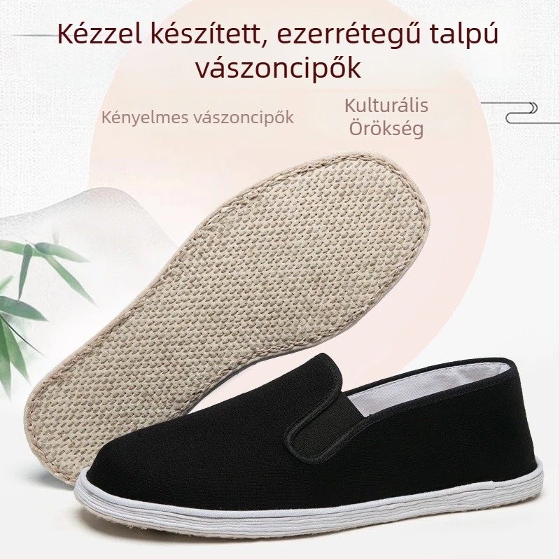Uniszex vászoncipő, légáteresztő ezerrétegű talppal, fekete, hétköznapi, alacsony profilú