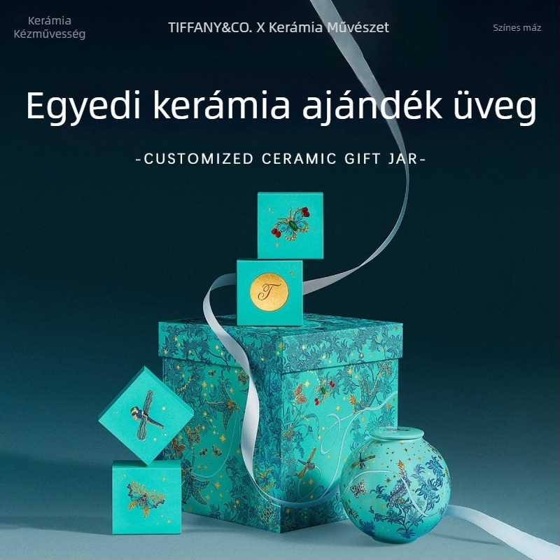Egyedi kerámia teás doboz, színes kézműves, virág- és madár mintával, irodai dekoráció, tároló tartály, üzleti ajándék