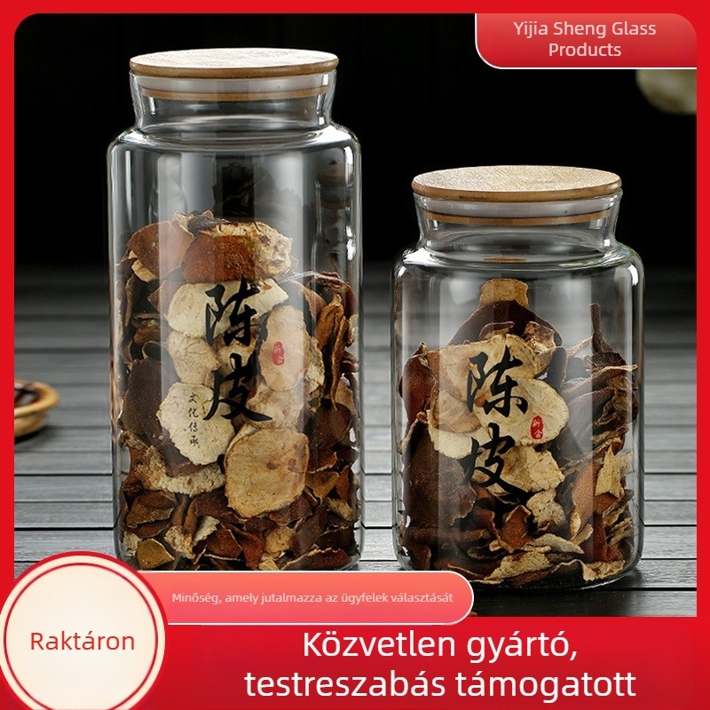 Bambusz fedelű üveg tárolóedény, nagy kapacitású a szárított mandarinhéj tárolására, boroszilikát üveg, zárt edény hagyományos kínai gyógyászathoz