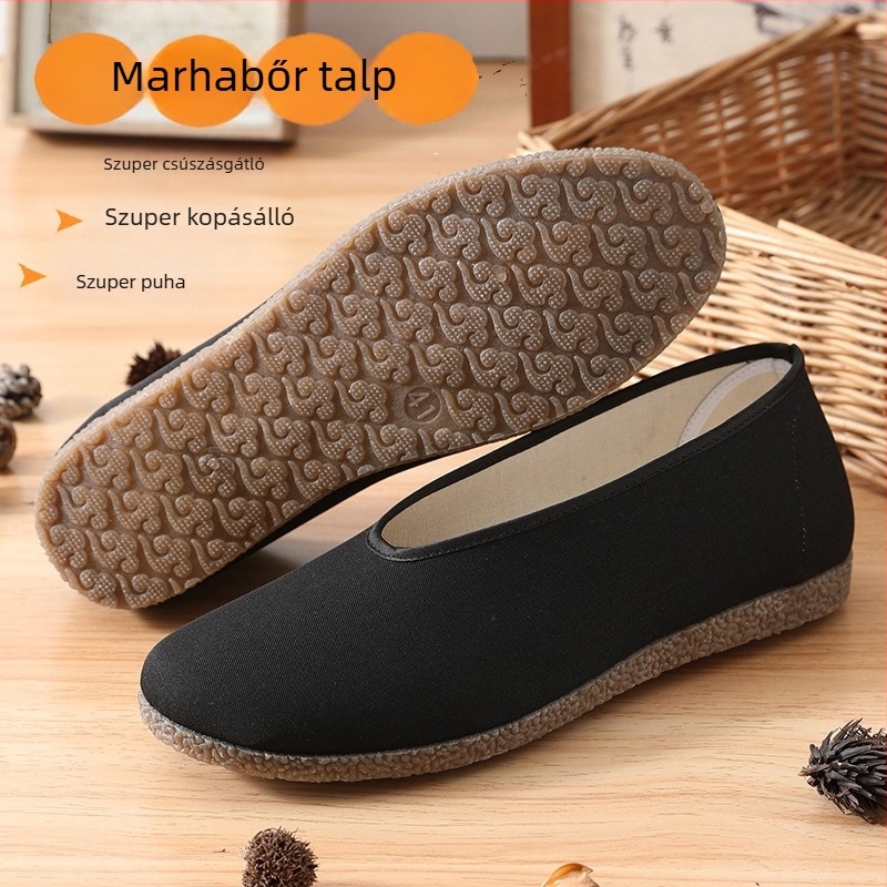 Fekete férfi vászoncipő gumírozott talppal, slip-on, négyszögletes nyílás, Old Beijing stílus