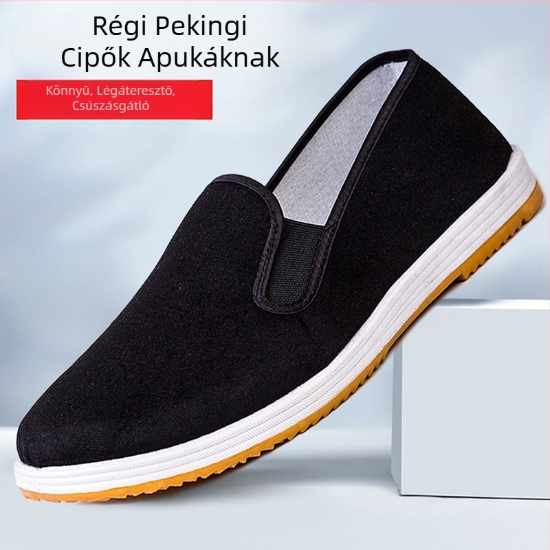 Férfi vászoncipő marháin ín talppal, cipőfűző nélküli slip-on, csúszásgátló és kopásálló, ősz-tél, mindennapi és munka viselet.