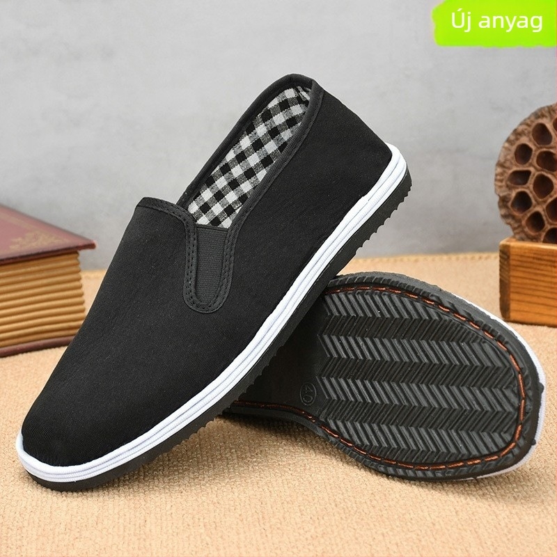 Férfi fekete vászoncipő, vastag többszörös talppal, slip-on, alacsony felső rész, lélegző