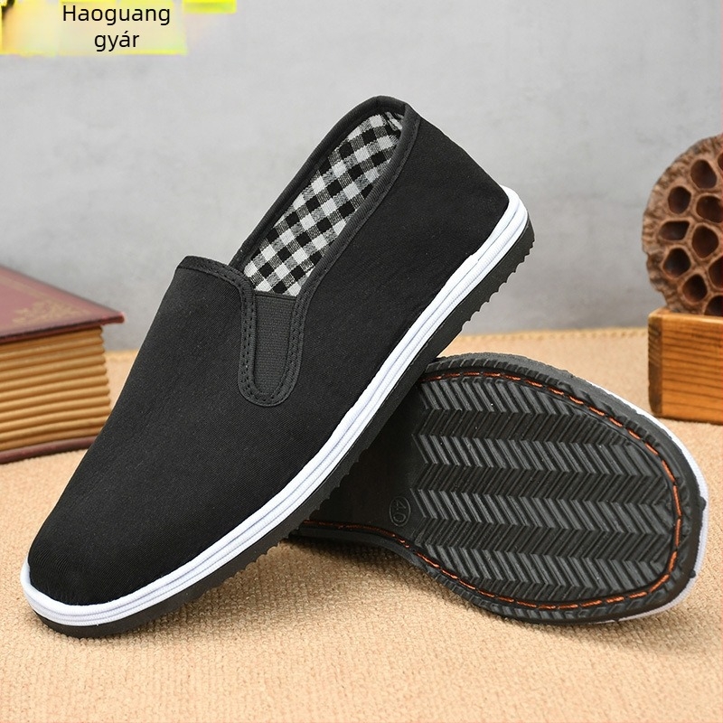 Férfi fekete vászoncipő, vastag többszörös talppal, slip-on, alacsony felső rész, lélegző