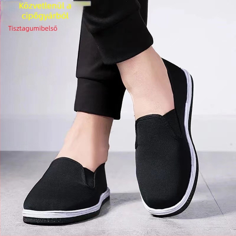 Férfi fekete vászoncipő, vastag többszörös talppal, slip-on, alacsony felső rész, lélegző