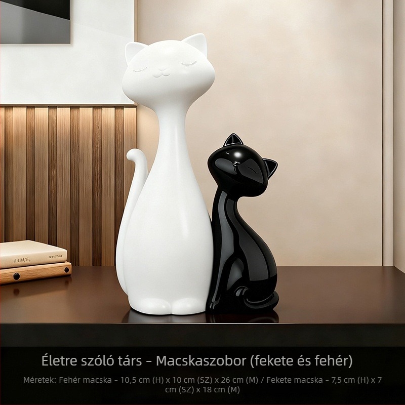 Vintage macskapár figurák, antik stílusú dekoráció előtérre, nappaliba, TV-szekrényhez és boros szekrényhez