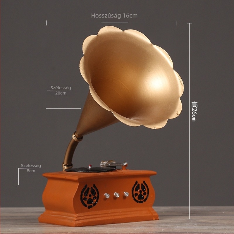 Nosztalgikus retro gramofon modell vitrínbe és nappaliba szánt dekoráció, fotózási kellék