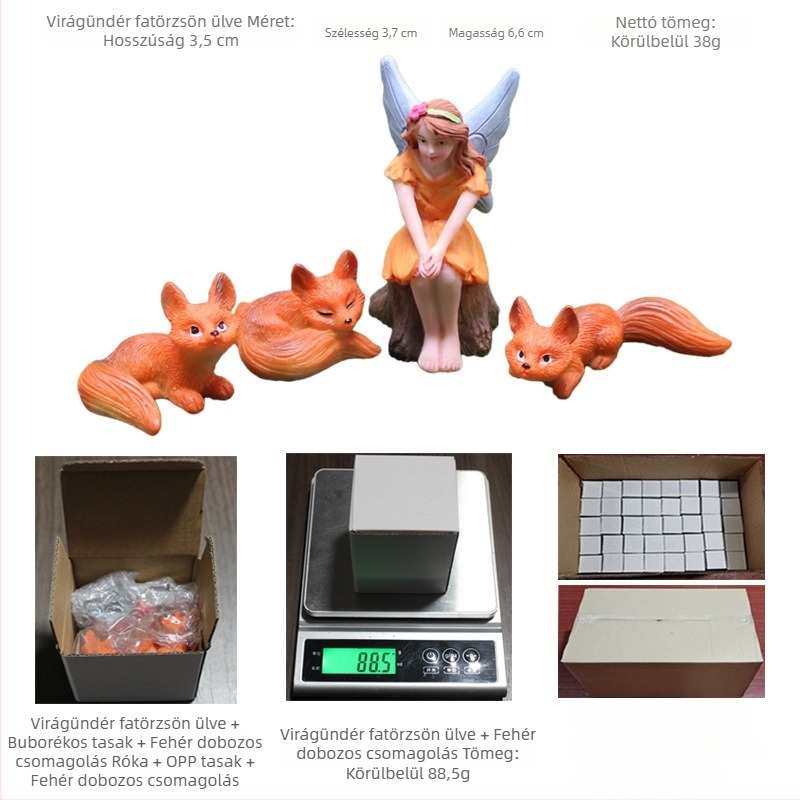 Gyanta kerti figura: mini táj virágos tündérrel, aranyos rókával, Elf és angyal