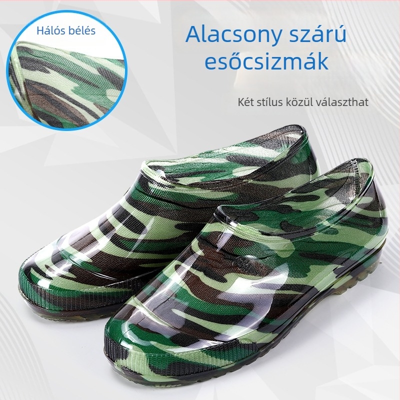Férfiaknak camufláz alacsony szárú esőcipő, csúszásmentes műanyagból