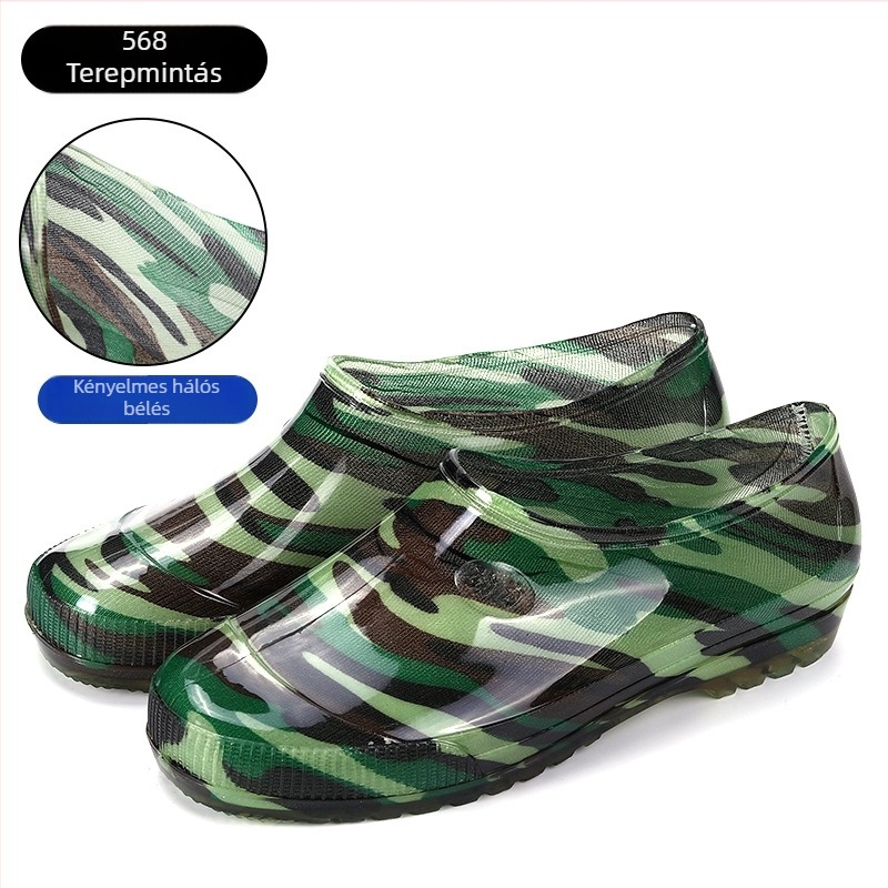 Férfiaknak camufláz alacsony szárú esőcipő, csúszásmentes műanyagból