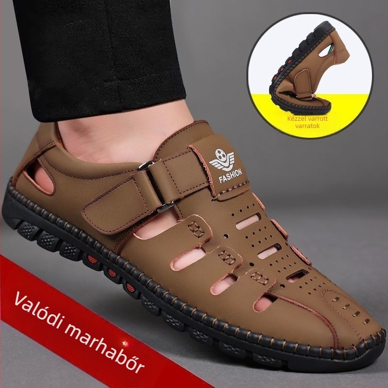 Férfi bőrszandálok természetes bőrből, perforált felsőrész, lélegző, puha talp, csúszásmentes, Velcro-zárás