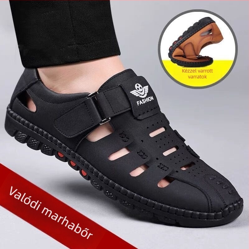 Férfi bőrszandálok természetes bőrből, perforált felsőrész, lélegző, puha talp, csúszásmentes, Velcro-zárás
