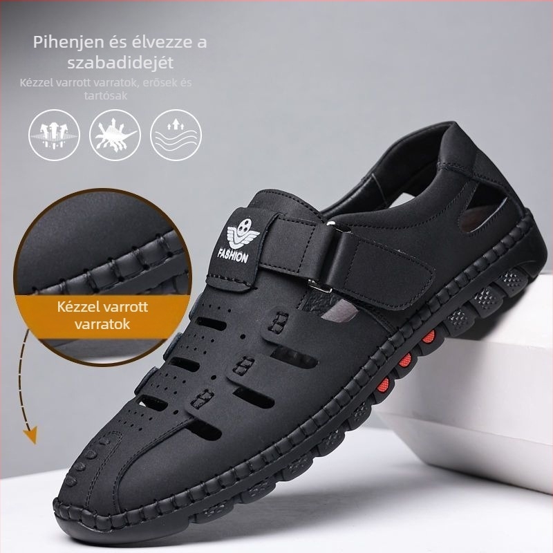 Férfi bőrszandálok természetes bőrből, perforált felsőrész, lélegző, puha talp, csúszásmentes, Velcro-zárás