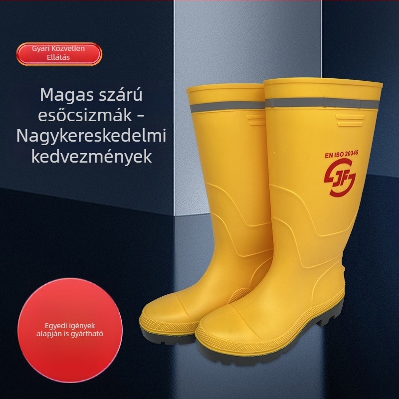 Férfi munkavédelmi esőcsizma, magas szárú, PVC, sárga, fényvisszaverő csíkkal, építkezésekhez