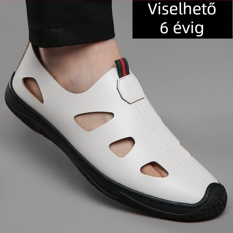 Férfi puha PU bőrből készült szandálok, perforált, lélegző, mindennapi viselet gumírozott talppal